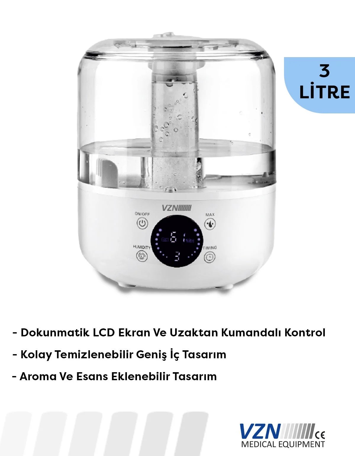 VZN Dijital Oda Nemlendirici | Uzaktan Kumandalı & Buhar Makinesi