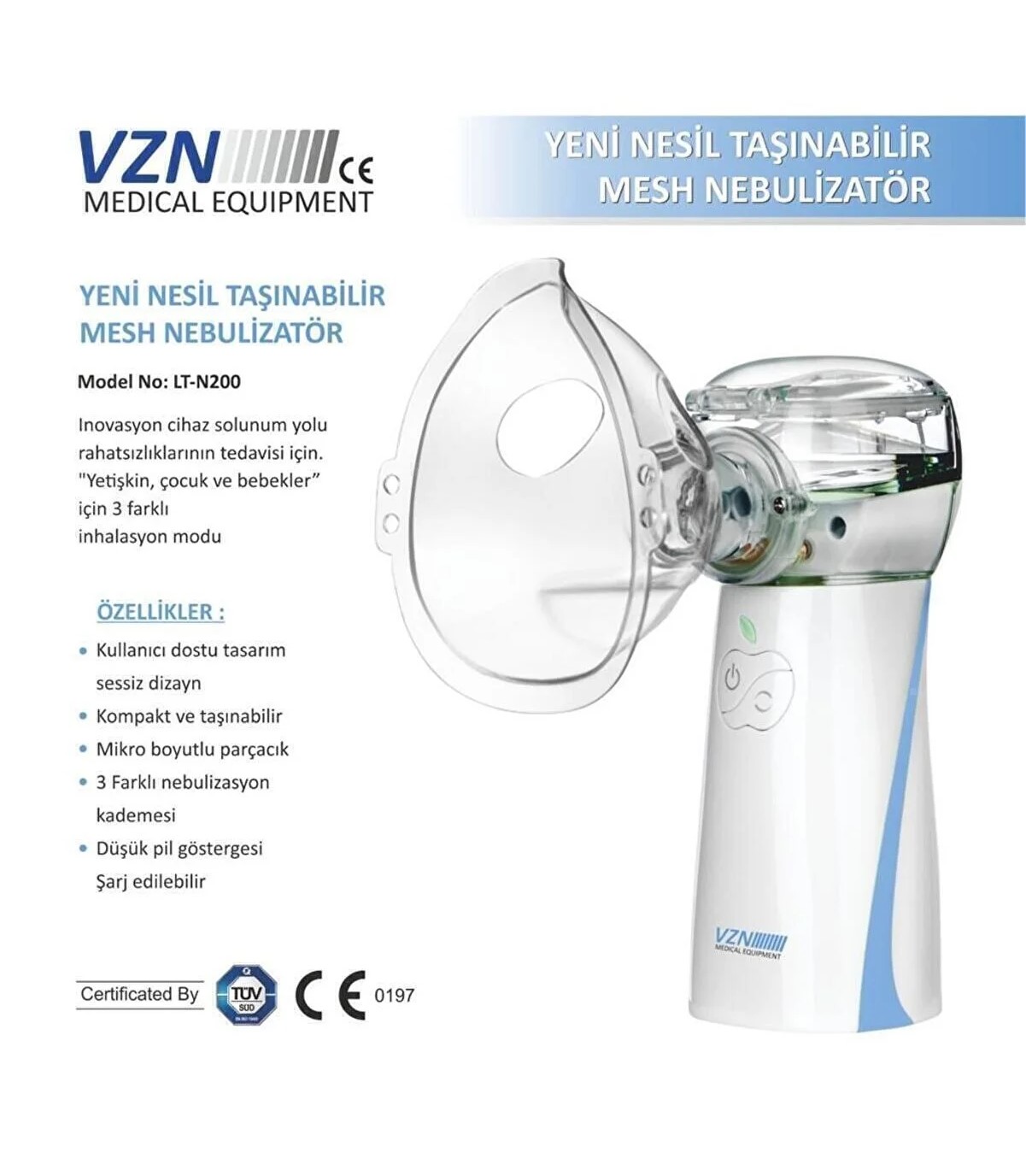 VZN Mesh Nebulizatör | Taşınabilir, Şarjlı & Ayarlanabilir Kademe